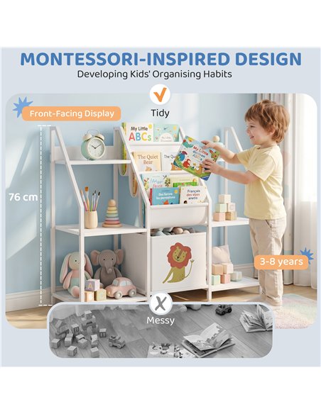 AIYAPLAY Kids Bookshelf and Toy Storage with 3-Tier Sling Book Rack and Fabric Drawer for Nursery, Bedroom, Playroom, White - pic 212240 | FastDaddyshop