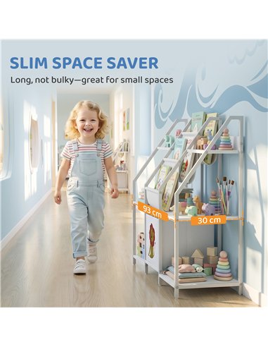 AIYAPLAY Kids Bookshelf and Toy Storage with 3-Tier Sling Book Rack and Fabric Drawer for Nursery, Bedroom, Playroom, White