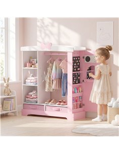 AIYAPLAY Kids Wardrobe with Lighted Mirror, Clothes Rail, Jewelry Cabinet, Shelves, Storage Boxes for Bedroom, Nursery, Pink 2