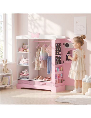 AIYAPLAY Kids Wardrobe with Lighted Mirror, Clothes Rail, Jewelry Cabinet, Shelves, Storage Boxes for Bedroom, Nursery, Pink