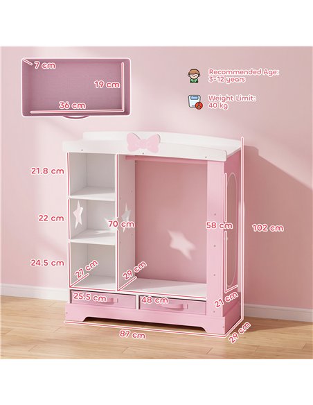 AIYAPLAY Kids Wardrobe with Lighted Mirror, Clothes Rail, Jewelry Cabinet, Shelves, Storage Boxes for Bedroom, Nursery, Pink - pic 212247 | FastDaddyshop