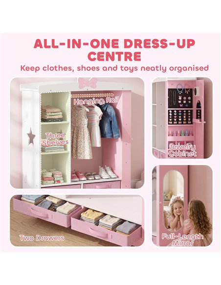 AIYAPLAY Kids Wardrobe with Lighted Mirror, Clothes Rail, Jewelry Cabinet, Shelves, Storage Boxes for Bedroom, Nursery, Pink - pic 212248 | FastDaddyshop