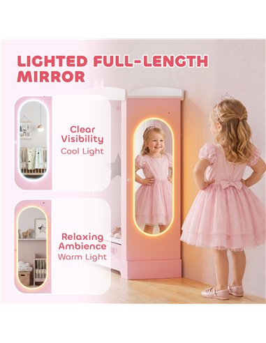 AIYAPLAY Kids Wardrobe with Lighted Mirror, Clothes Rail, Jewelry Cabinet, Shelves, Storage Boxes for Bedroom, Nursery, Pink