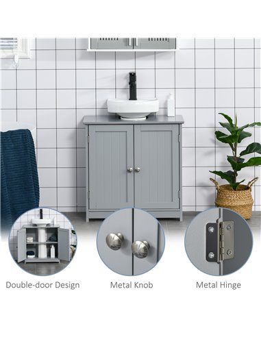 Kleankin 60x60cm Under-Sink Storage Cabinet w/ Adjustable Shelf Handles Drain Hole Bathroom Cabinet Space Saver Organizer Grey