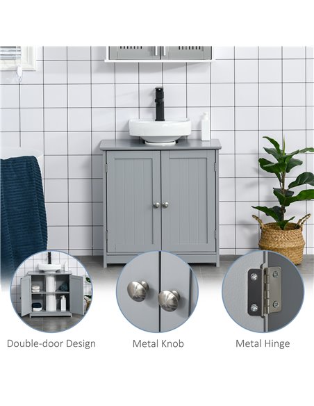 Kleankin 60x60cm Under-Sink Storage Cabinet w/ Adjustable Shelf Handles Drain Hole Bathroom Cabinet Space Saver Organizer Grey - pic 21225 | FastDaddyshop