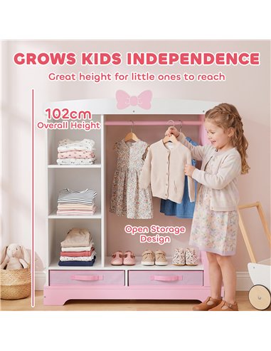 AIYAPLAY Kids Wardrobe with Lighted Mirror, Clothes Rail, Jewelry Cabinet, Shelves, Storage Boxes for Bedroom, Nursery, Pink