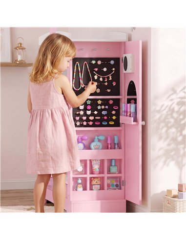 AIYAPLAY Kids Wardrobe with Lighted Mirror, Clothes Rail, Jewelry Cabinet, Shelves, Storage Boxes for Bedroom, Nursery, Pink
