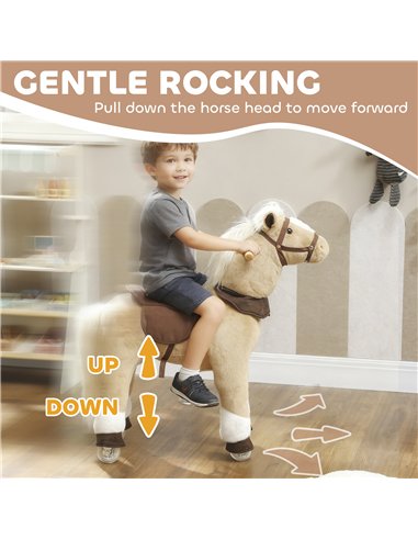 AIYAPLAY Rocking Horse, Plush Ride On Horse with Rolling Wheels & Saddle, Ride On Pony Toy for Kids 3-5 Years, Up to 25kg, Brown