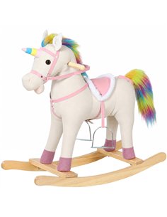 AIYAPLAY Rocking Horse, Unicorn Ride on Horse with Sounds and Stable Wooden Base for 1-3 Years, Cream White