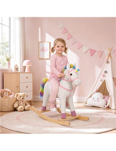 AIYAPLAY Rocking Horse, Unicorn Ride on Horse with Sounds and Stable Wooden Base for 1-3 Years, Cream White
