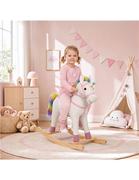 AIYAPLAY Rocking Horse, Unicorn Ride on Horse with Sounds and Stable Wooden Base for 1-3 Years, Cream White - pic 212264 | FastDaddyshop
