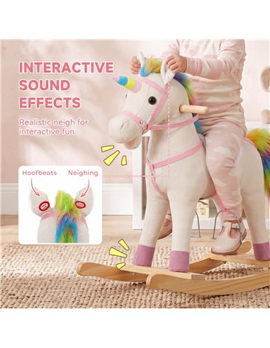 AIYAPLAY Rocking Horse, Unicorn Ride on Horse with Sounds and Stable Wooden Base for 1-3 Years, Cream White