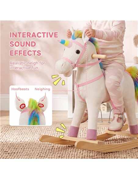 AIYAPLAY Rocking Horse, Unicorn Ride on Horse with Sounds and Stable Wooden Base for 1-3 Years, Cream White - pic 212266 | FastDaddyshop