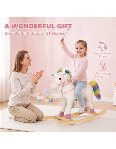 AIYAPLAY Rocking Horse, Unicorn Ride on Horse with Sounds and Stable Wooden Base for 1-3 Years, Cream White