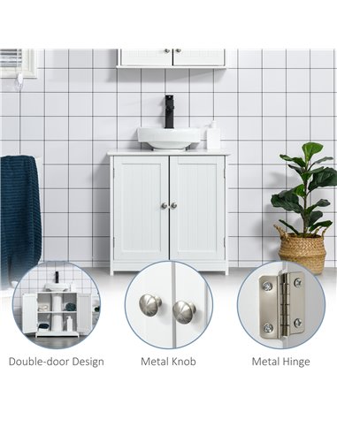 Kleankin 60x60cm Under-Sink Storage Cabinet w/ Adjustable Shelf Handles Drain Hole Bathroom Cabinet Space Saver Organizer White