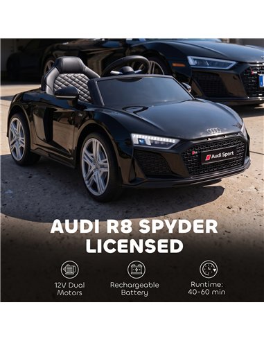 AIYAPLAY Licensed Audi R8 Spyder 12V Electric Car for Kids with Remote Control, Dual Motors, Rear Suspension, Soft Start, Black