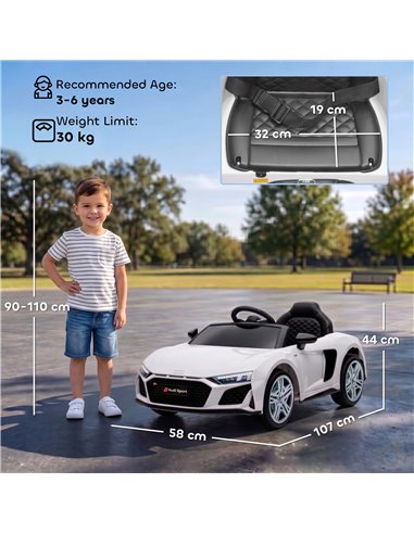 AIYAPLAY Licensed Audi R8 Spyder 12V Electric Car for Kids with Remote Control, Dual Motors, Rear Suspension, Soft Start, White