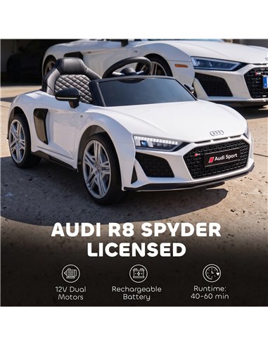 AIYAPLAY Licensed Audi R8 Spyder 12V Electric Car for Kids with Remote Control, Dual Motors, Rear Suspension, Soft Start, White