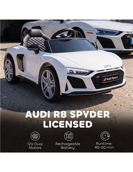 AIYAPLAY Licensed Audi R8 Spyder 12V Electric Car for Kids with Remote Control, Dual Motors, Rear Suspension, Soft Start, White - pic 212482 | FastDaddyshop