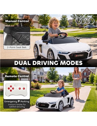 AIYAPLAY Licensed Audi R8 Spyder 12V Electric Car for Kids with Remote Control, Dual Motors, Rear Suspension, Soft Start, White