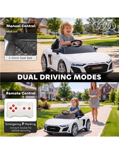 AIYAPLAY Licensed Audi R8 Spyder 12V Electric Car for Kids with Remote Control, Dual Motors, Rear Suspension, Soft Start, White - pic 212483 | FastDaddyshop