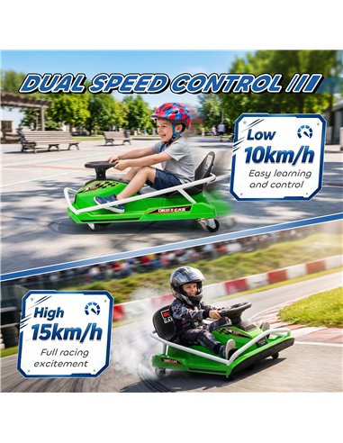 AIYAPLAY 24V Electric Go Kart for Kids with Drift Mode, 300W Brushless Motor, Soft Start and Dual Speed for Ages 6-10, Green