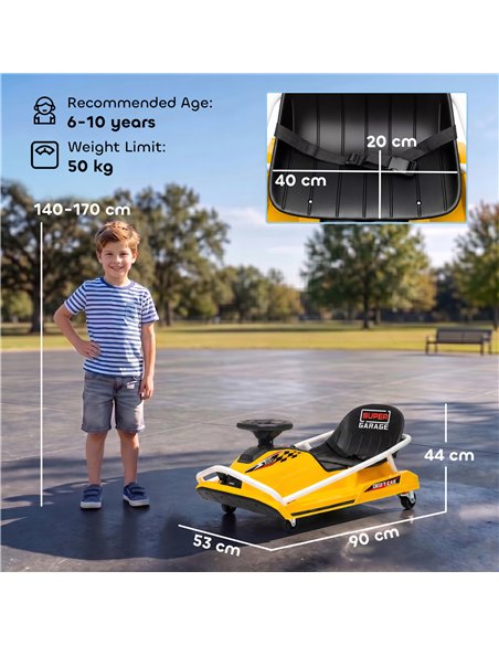 AIYAPLAY 24V Electric Go Kart for Kids with Drift Mode, 300W Brushless Motor, Soft Start and Dual Speed for Ages 6-10, Yellow - pic 212499 | FastDaddyshop