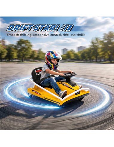 AIYAPLAY 24V Electric Go Kart for Kids with Drift Mode, 300W Brushless Motor, Soft Start and Dual Speed for Ages 6-10, Yellow