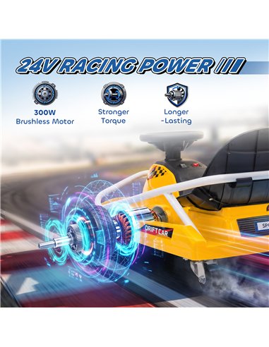 AIYAPLAY 24V Electric Go Kart for Kids with Drift Mode, 300W Brushless Motor, Soft Start and Dual Speed for Ages 6-10, Yellow
