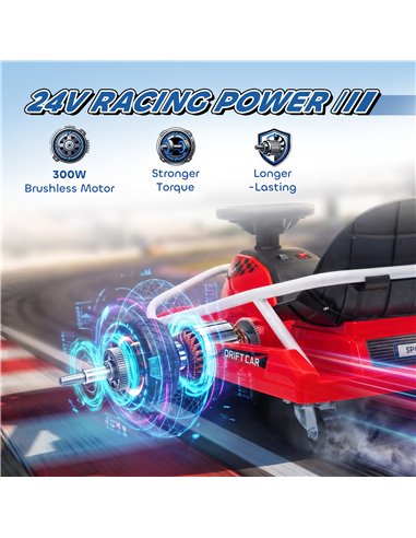 AIYAPLAY 24V Electric Go Kart for Kids with Drift Mode, 300W Brushless Motor, Soft Start and Dual Speed for Ages 6-10, Red
