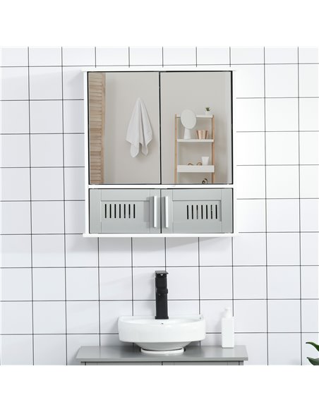 Kleankin Bathroom Wall Mounted Mirror Cabinet with Double Doors, Adjustable Shelf, Grey - pic 21256 | FastDaddyshop