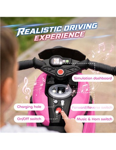 AIYAPLAY Kids Electric Motorcycle Ride-On Toy, 3-Wheel Battery-Operated Motorbike with Horn, Toddler Ride On Bike, Pink
