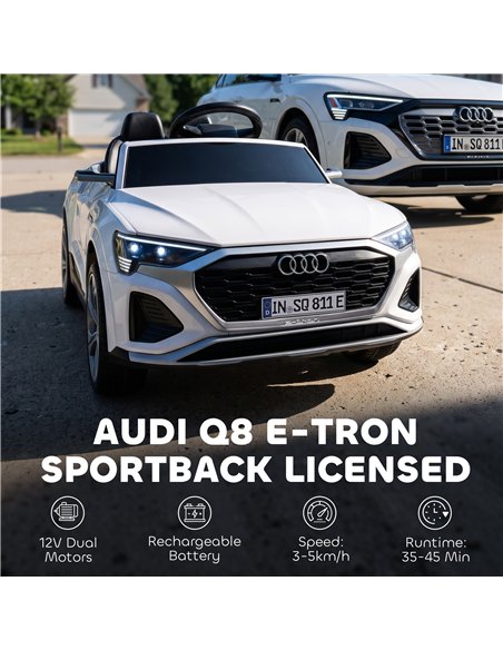 AIYAPLAY Audi Q8 etron Sportback Licensed Ride on Car with Remote Control, Four-Wheel Suspension, Soft Start for Ages 3-4, White - pic 212581 | FastDaddyshop