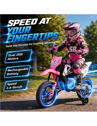 AIYAPLAY Kids Electric Motorcycle, 12V Ride On Motorbike with Training Wheels, Soft Start, Suspension, Music for 3–6 Years, Pink