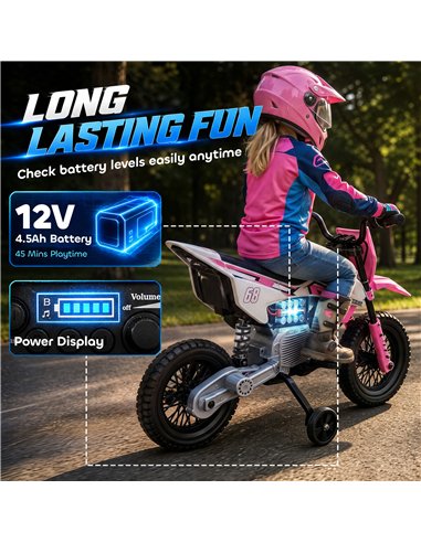 AIYAPLAY Kids Electric Motorcycle, 12V Ride On Motorbike with Training Wheels, Soft Start, Suspension, Music for 3–6 Years, Pink