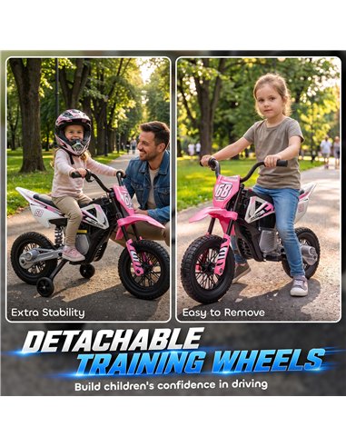 AIYAPLAY Kids Electric Motorcycle, 12V Ride On Motorbike with Training Wheels, Soft Start, Suspension, Music for 3–6 Years, Pink