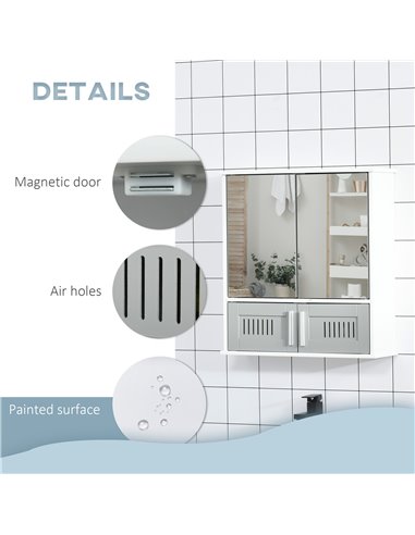 Kleankin Bathroom Mirror Cabinet, Wall Mounted Storage Cupboard with Double Doors and Adjustable Shelf, Bathroom Organizer, Grey