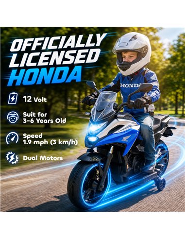 AIYAPLAY Licensed Honda 12V Kids Electric Motorbike with Training Wheels, Soft Start, Headlights, Music for 3-6 Years, Blue