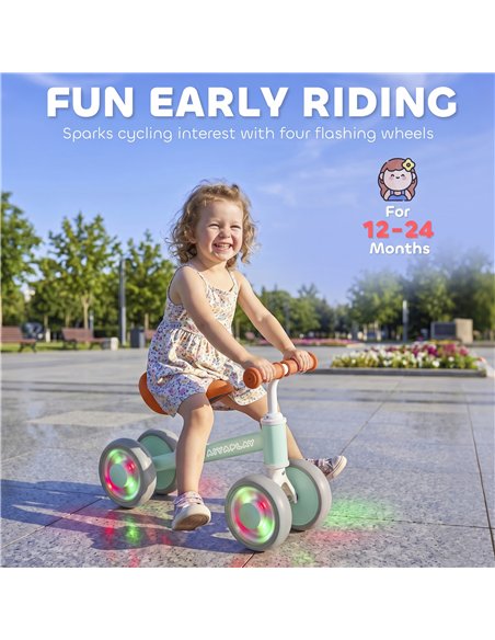 AIYAPLAY Baby Balance Bike for 1-2 Years Old, Light-up Toddler Balance Bike with Adjustable Seat, 4 Silent EVA Wheels, Green - pic 212626 | FastDaddyshop