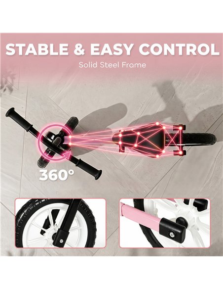 AIYAPLAY 11.2" Balance Bike for 2-5 Years, Toddler Bike with Lighting Wheels, Adjustable Seat & Handlebar, 360° Steering, Pink - pic 212637 | FastDaddyshop