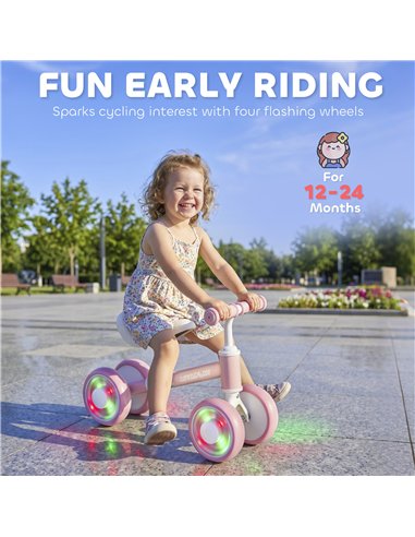 AIYAPLAY Baby Balance Bike for 1-2 Years Old, Light-up Toddler Balance Bike with Adjustable Seat, 4 Silent EVA Wheels, Pink
