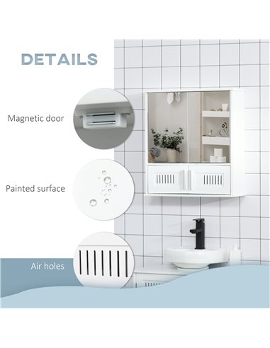 Kleankin Bathroom Wall Mounted Mirror Cabinet with Double Doors, Adjustable Shelf, White