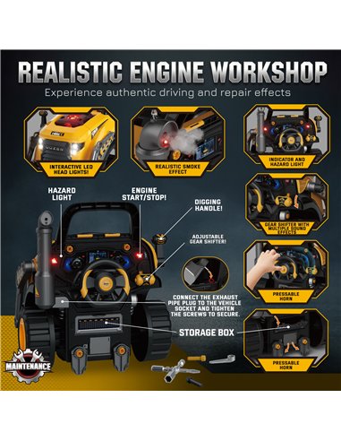 AIYAPLAY Kids Truck Engine Toy, Excavator Toy Steering Wheel with Spray, Lights and Sounds for 3-6 Years Boys Girls, Yellow