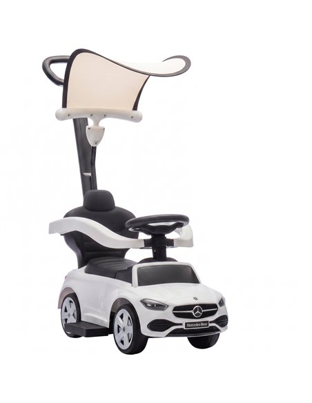AIYAPLAY 4 in 1 Licensed Benz Ride on Push Car with Handle, Canopy, Guardrails, Horn, Music, Storage for 12-36 Months, White - pic 212731 | FastDaddyshop