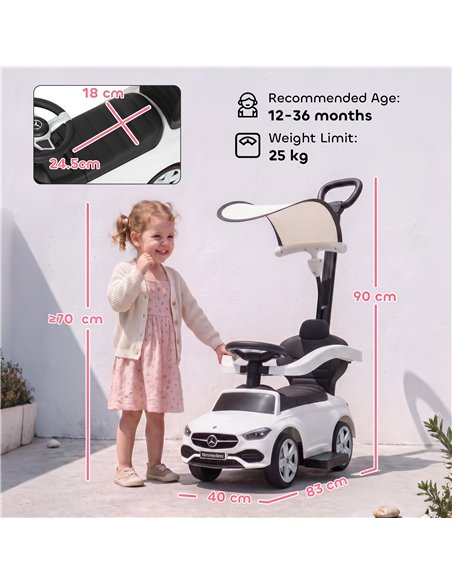 AIYAPLAY 4 in 1 Licensed Benz Ride on Push Car with Handle, Canopy, Guardrails, Horn, Music, Storage for 12-36 Months, White - pic 212733 | FastDaddyshop