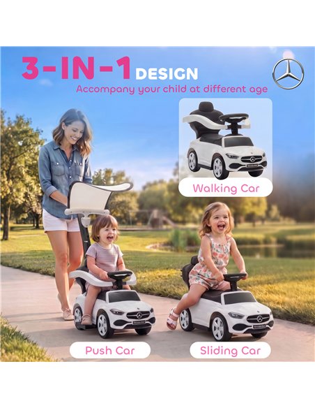 AIYAPLAY 4 in 1 Licensed Benz Ride on Push Car with Handle, Canopy, Guardrails, Horn, Music, Storage for 12-36 Months, White - pic 212734 | FastDaddyshop