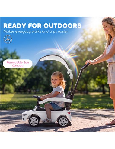 AIYAPLAY 4 in 1 Licensed Benz Ride on Push Car with Handle, Canopy, Guardrails, Horn, Music, Storage for 12-36 Months, White