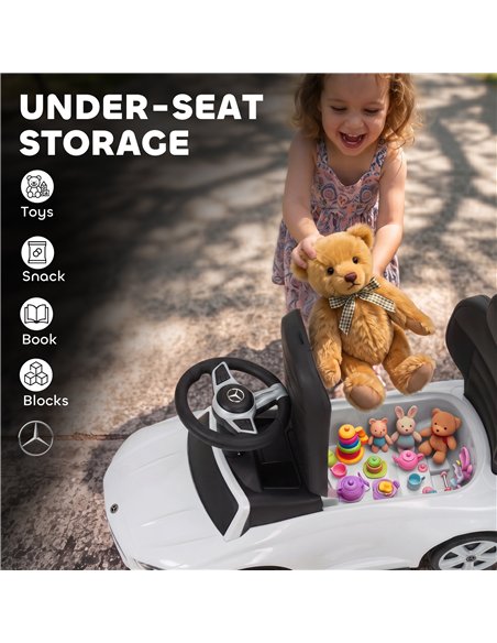 AIYAPLAY 4 in 1 Licensed Benz Ride on Push Car with Handle, Canopy, Guardrails, Horn, Music, Storage for 12-36 Months, White - pic 212737 | FastDaddyshop