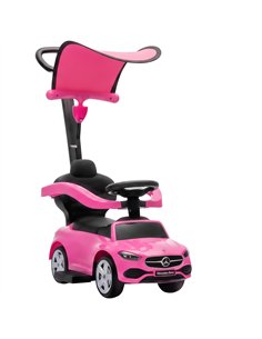 AIYAPLAY 4 in 1 Licensed Benz Ride on Push Car with Handle, Canopy, Guardrails, Horn, Music, Storage for 12-36 Months, Pink
