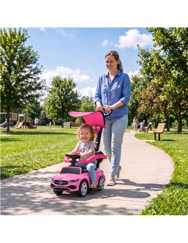 AIYAPLAY 4 in 1 Licensed Benz Ride on Push Car with Handle, Canopy, Guardrails, Horn, Music, Storage for 12-36 Months, Pink